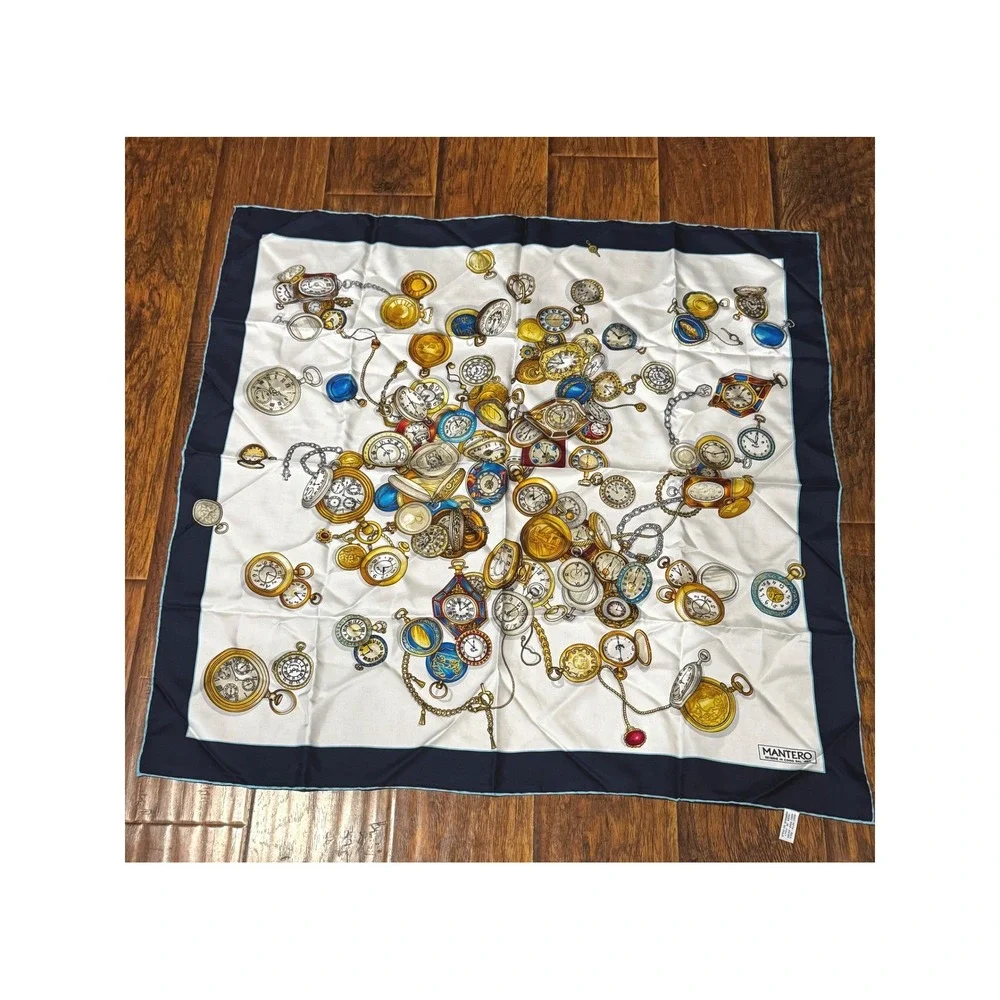 Mantero Silk Scarf White Navy Blue Pocket Watch Clock Print Made in Italy 34x34